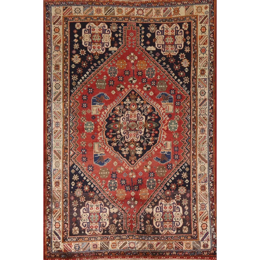 Vegetable Dye Shiraz Kashkoli Persian Vintage Rug Handmade Wool Carpet - 5'2"x 7'9"