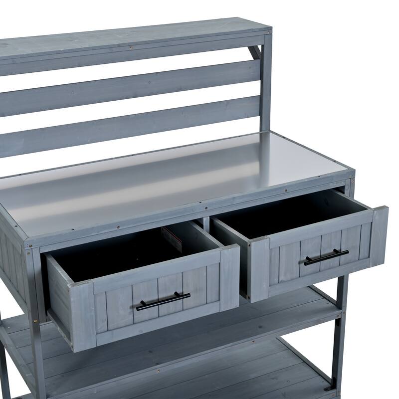 Solid Wood 62.3'' Patio Kitchen Island Kitchen Cart with Stainless Table Top, Garden Potting Bench with Raised Shelf and Drawers