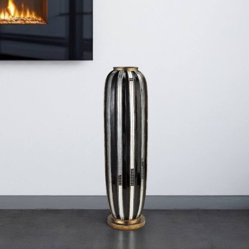 Black and Silver Polyresin Floor Vase with Striped Mosaic Glass 21 Inch Cylinder