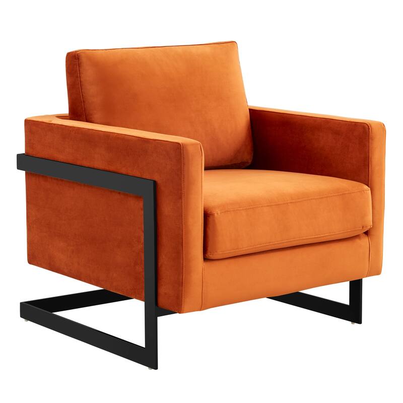 LeisureMod Lincoln Modern Velvet Arm Chair with Black Steel Frame - 35" - Orange Marmalade