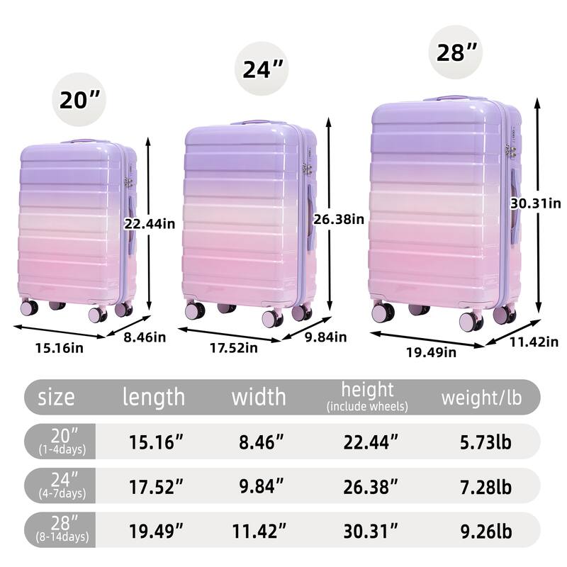 20"/24"/28" 3 pcs/set in PC Spinner Wheel Luggage, Carry on Suitcase, With Gradient Color and Combination Lock
