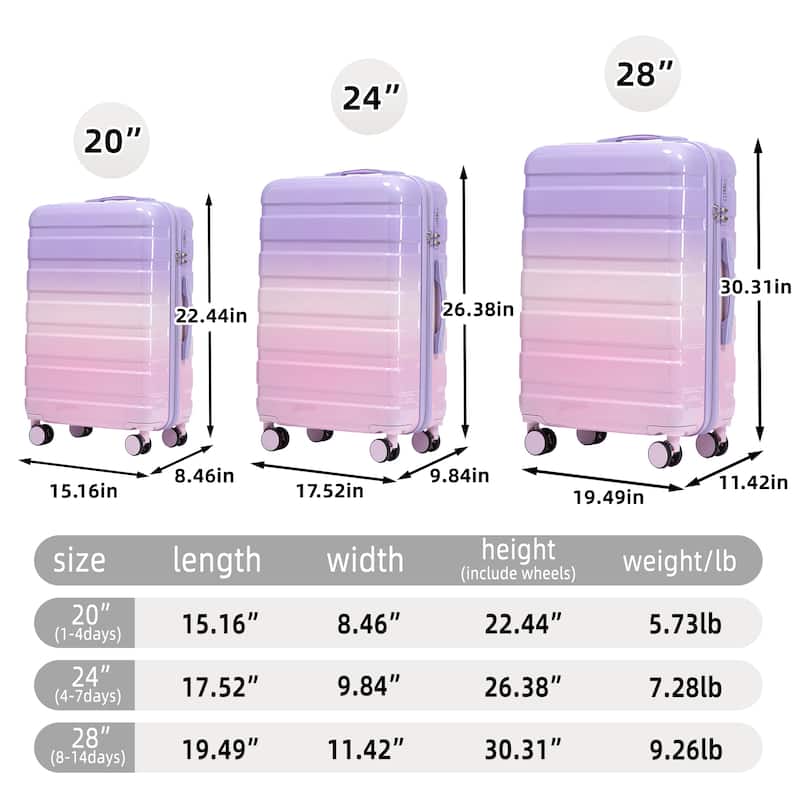 3 Piece Hardside Lightweight Luggage Sets, 20/24/28 Inch Carry on Luggage with TSA Lock and Spinner Wheels, for Home Travel