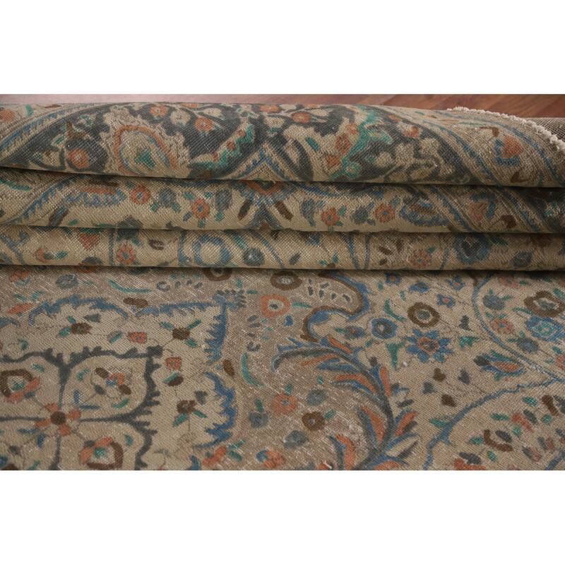 Hand Knotted Oriental 100% Wool Carpet Traditional Floral Beige & Ivories Tabriz Area Rug - 12' 3'' X 9' 8''