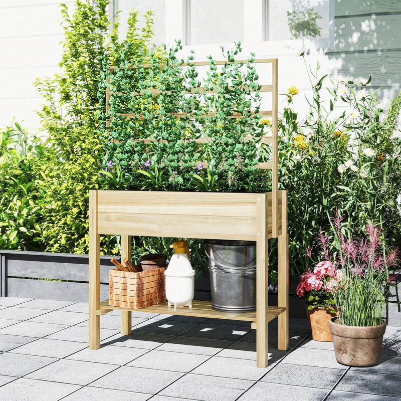 Outsunny Wooden Raised Garden Bed w/ Trellis, Elevated Planter Box w/ Storage Shelf, Drainage Holes & Liner, Outdoor Flower Box