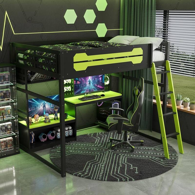E-Sport Elite Full Size Loft Bed with RGB Lighting, Charging Station & Gaming Desk Hub by Harper&Bright Designs