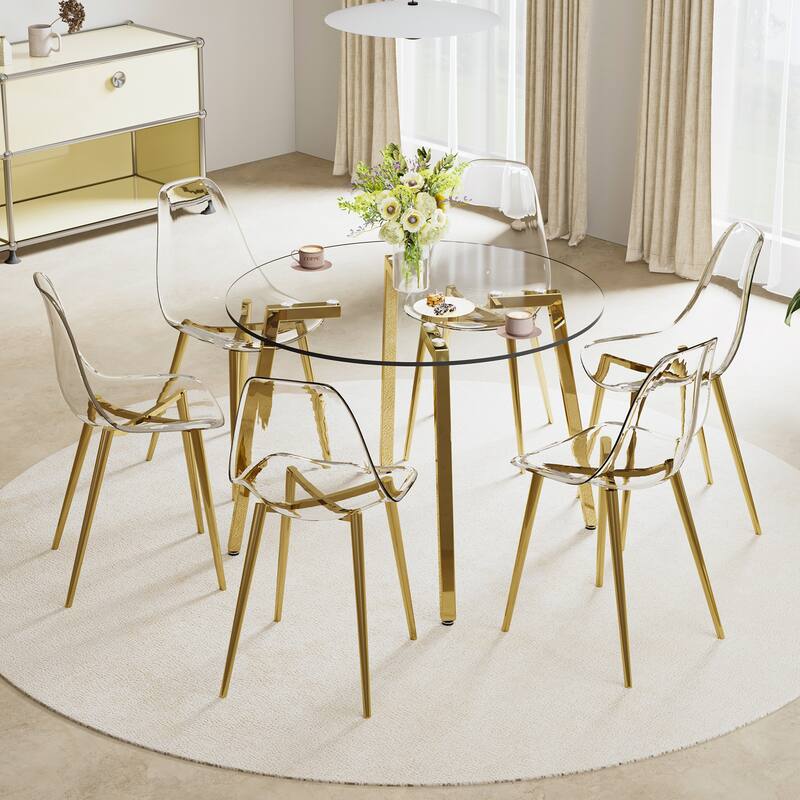 Roomfitters Round Glass Dining Table with Transparent Top and Silver Metal Legs for Kitchen Dining or Living Room