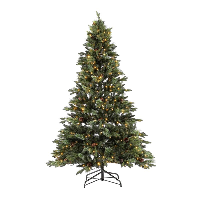 SAFAVIEH 7.5 Ft, Green, Pre-Lit Artificial Christmas Tree With Pine Cones - 56" W x 56" D x 90" H