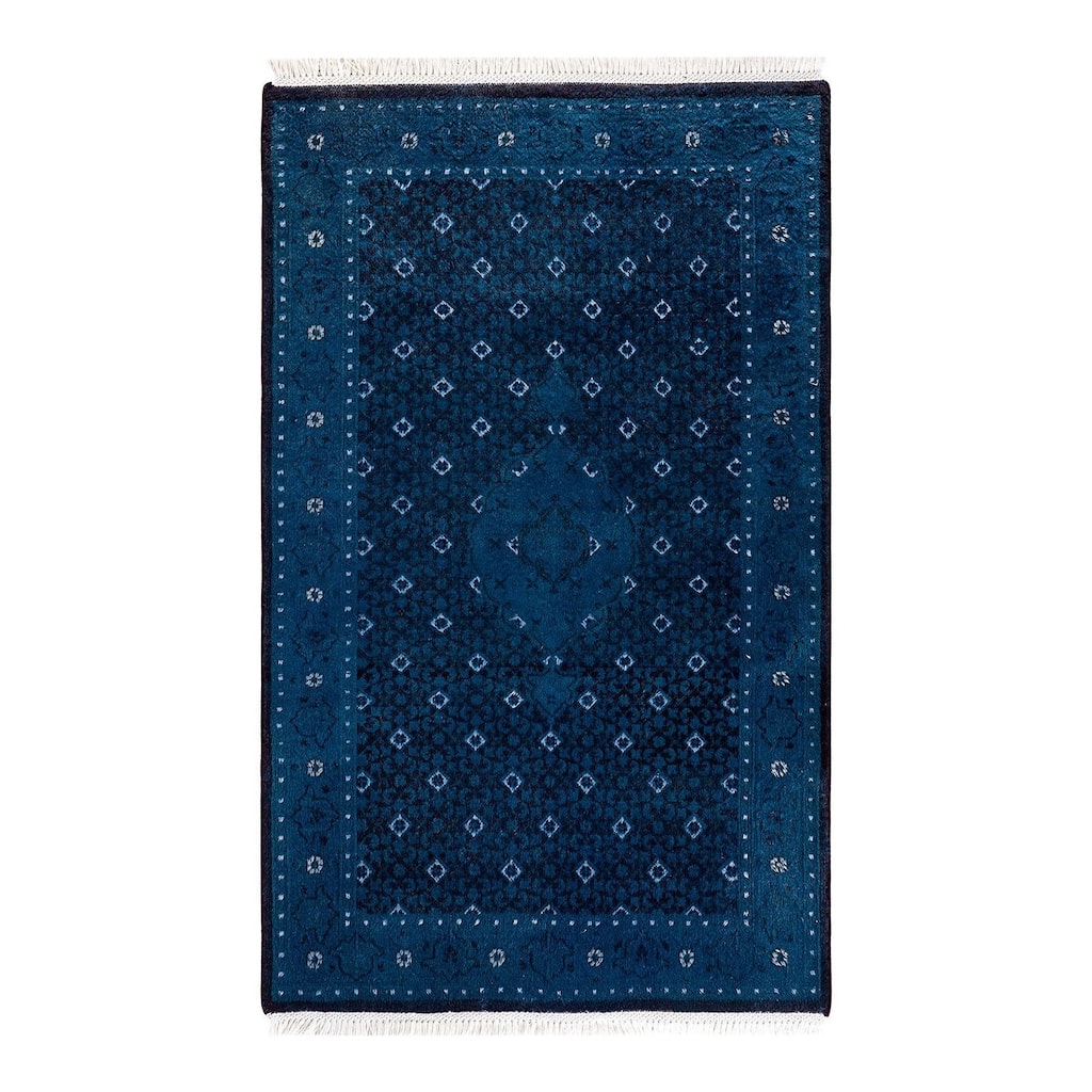 Overton Hand Knotted Wool Vintage Inspired Modern Contemporary Overdyed Blue Area Rug - 3' 3" x 5' 3"