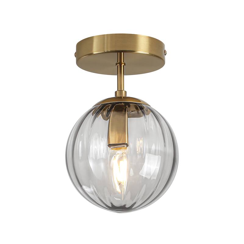 Modern Single Semi Flush Ceiling Light with Metal Base & Ribbed Gray Glass Globe Shade