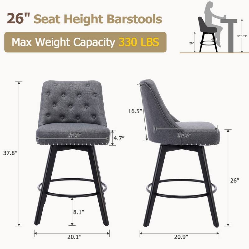 Bar Stools Set of 2, Modern Swivel Counter Height Bar Stools with Back and Wood Legs