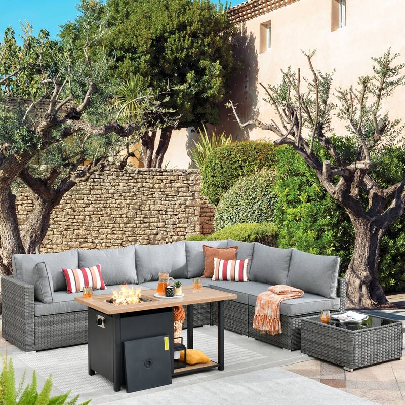 HOOOWOOO 8-piece Wicker Outdoor Patio Furniture Sofa Set Fire Pit Set - Dark Grey