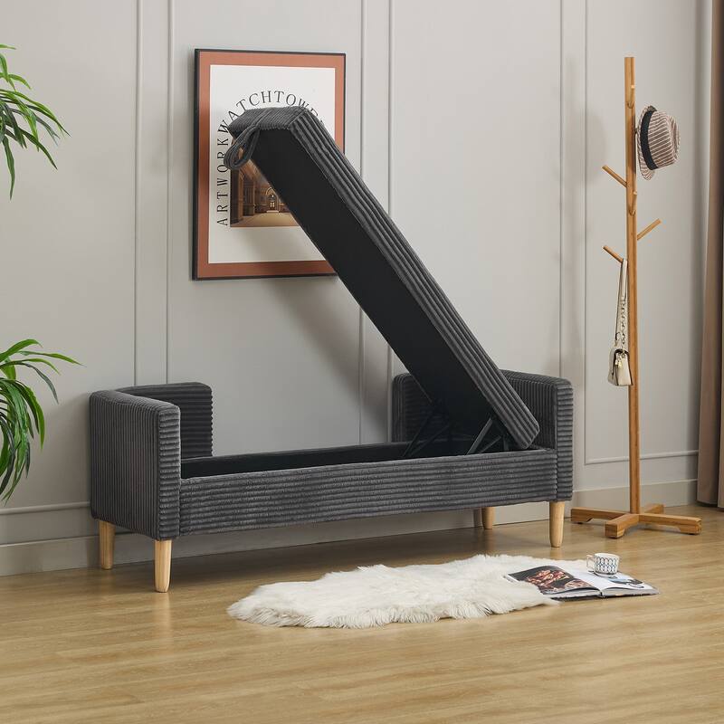 65.35" W Corduroy Storage Bench with Backrest, Armrests & 2 Bolster Pillows, Upholstered Bed End Bench for Entryway & Bedroom