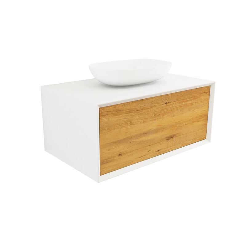 Wall Mounted Bathroom Vanity Set with White Solid Surface Top and Vessel Sink