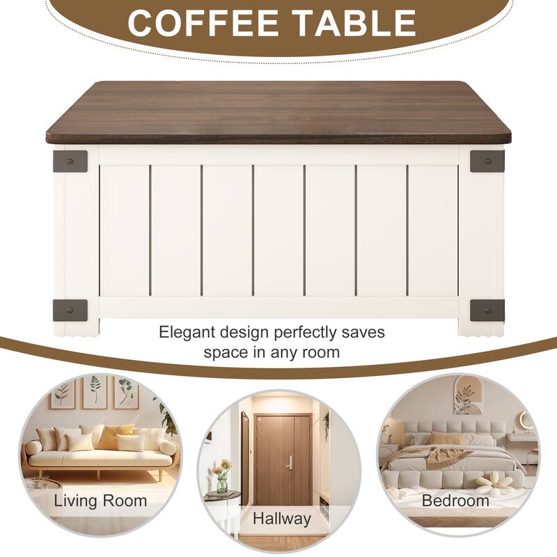 Farmhouse Lift-Top Coffee Table with Storage, USB Ports, and Charging Station