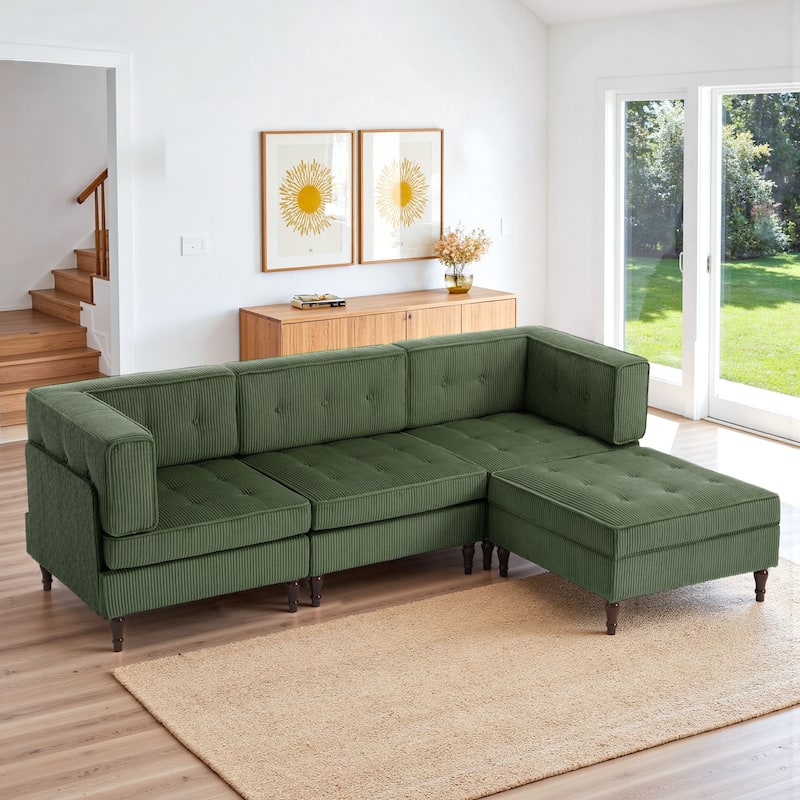 4-Piece 98" W Upholstered Modular Corduroy Sectional Sofa - Green