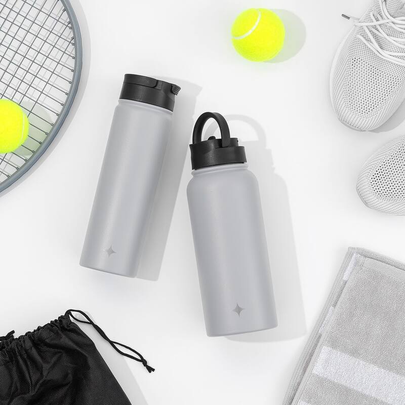 JoyJolt Triple Insulated Stainless Steel Water Bottle with Flip Lid & Sport Straw Lid - 22 oz - Grey