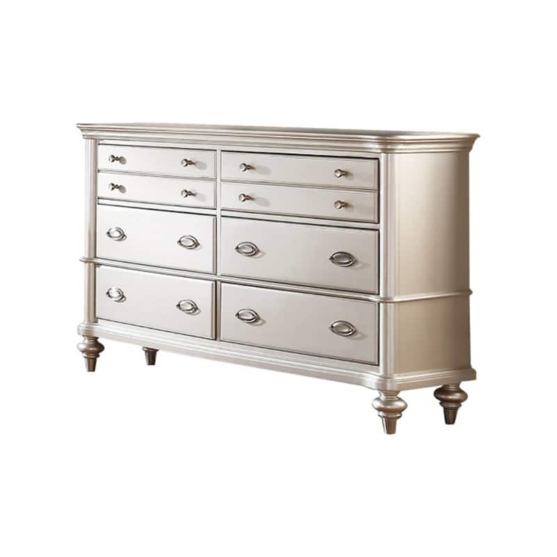 63 Inch Wide 6 Drawer Dresser, Crystal Like Knobs, Molded Details, Silver