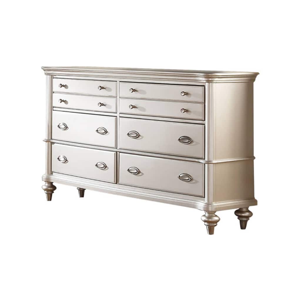 63 Inch Wide 6 Drawer Dresser, Crystal Like Knobs, Molded Details, Silver