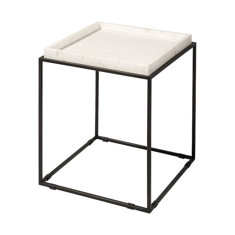Nathan II White Marble Top with Black Metal Frame Side Table - 18.0L x 18.0W x 20.0H - White - Marble