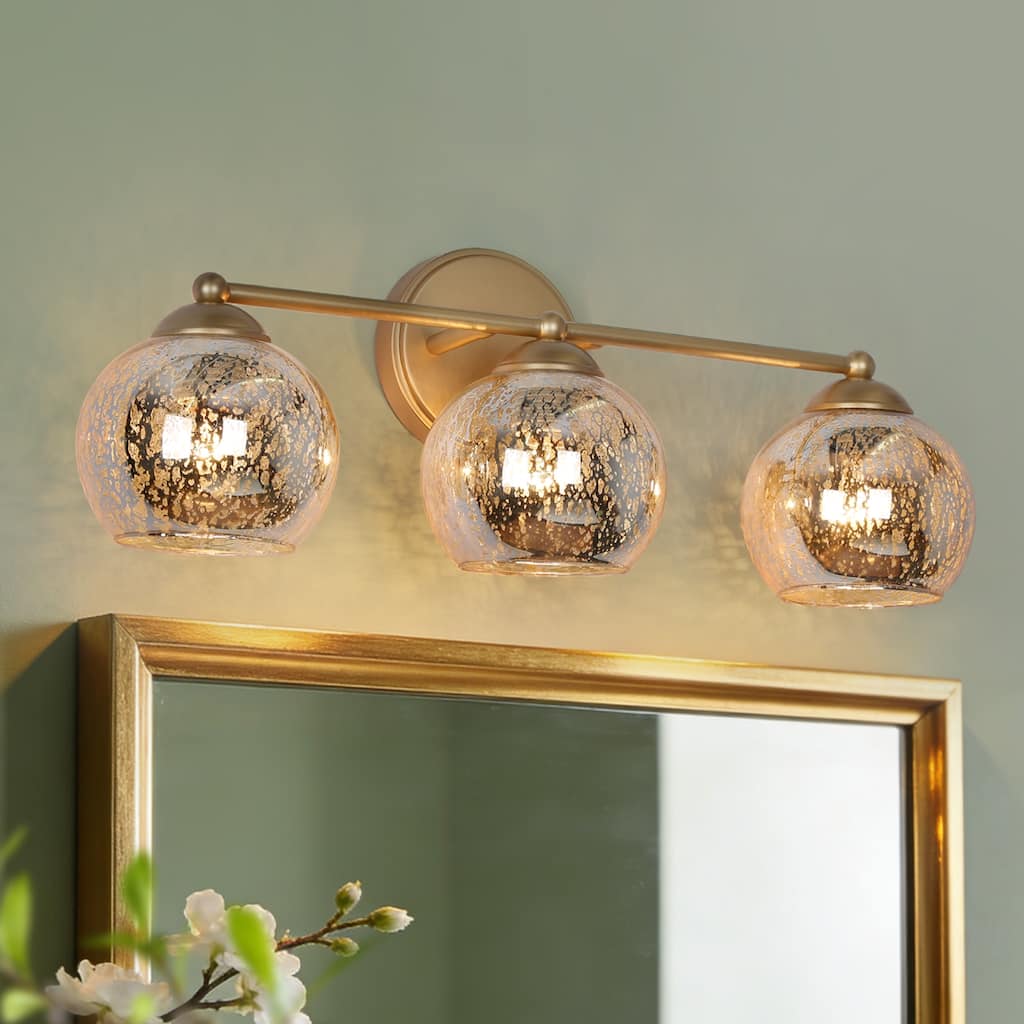 Mid-Century Modern Glam Gold Bathroom Vanity Light 3-Light Wall Lamp with Mercury Glass - 21" L x 7" W x 8" H