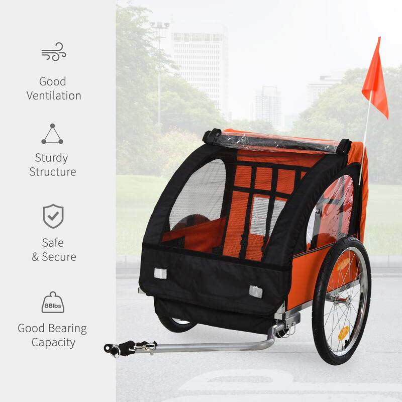 Aosom 2-Seat Kids Child Bicycle Trailer with a Strong Steel Frame, 5-Point Safety Harnesses, & Comfortable Seat