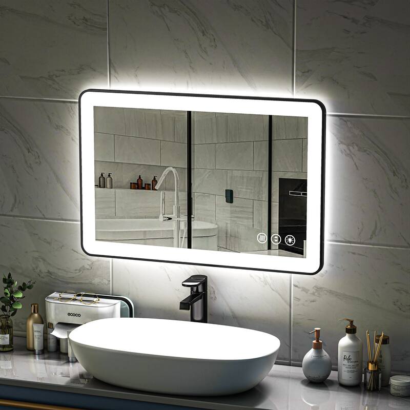 TOOLKISS Black Frame Anti-Fog Dimmable LED Light Vanity Bathroom Mirror with Backlit and Front Light