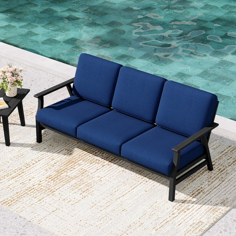 Teak Frame Outdoor Loveseat Daybed with Water-Resistant Cushions. - Navy/Daybed - Black Wood