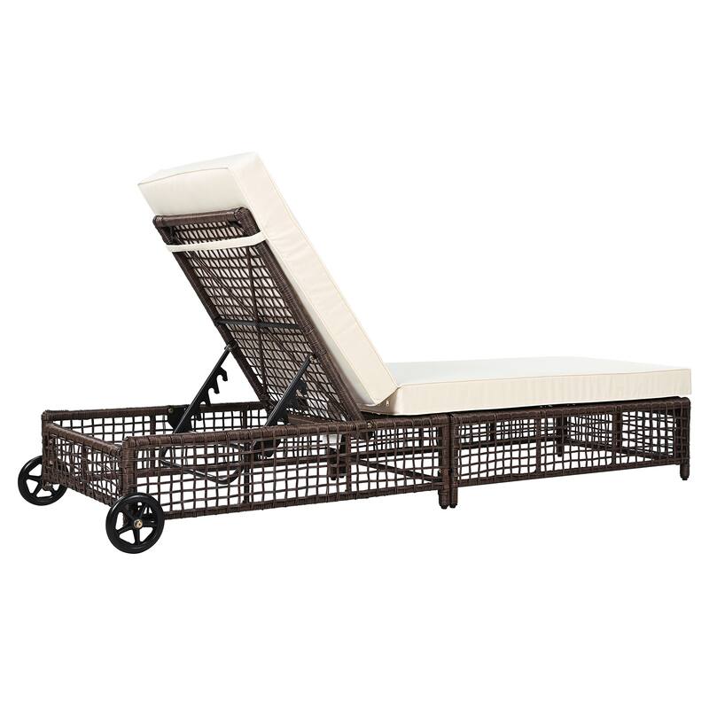 2 Pieces Outdoor Chaise Lounges Set for Poolside Garden, Adjustable Reclining Sun Lounger with Cushion & Wheels for 2 People