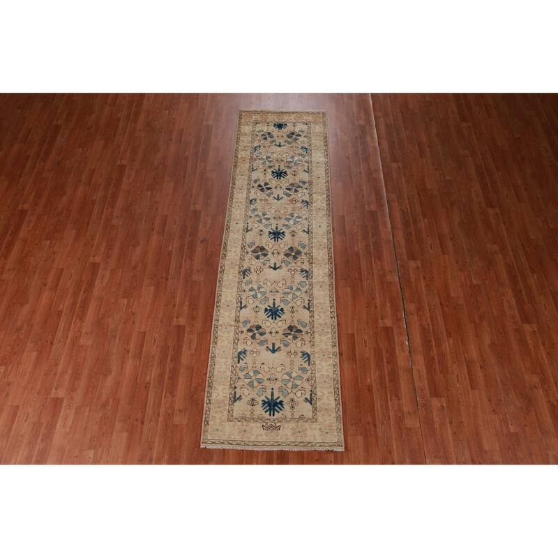 Hand Knotted Oriental 100% Wool Carpet Transitional All-Over Beige & Ivories Oushak Runner Rug - 9' 9'' X 2' 8''