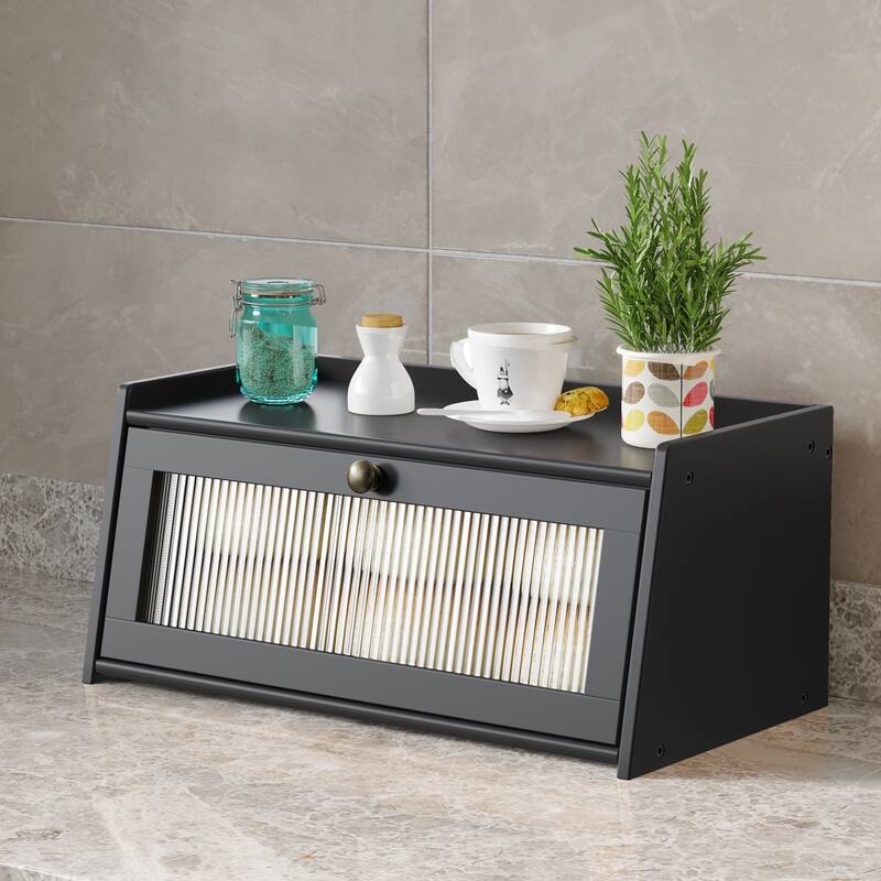 Wooden Bread Box Large Capacity Kitchen Storage Container Bread Holder - Black