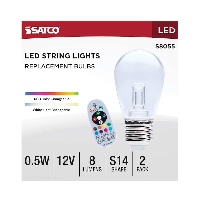 0.5 Watt LED String Light Replacement Lamp S14 Medium Base RGBTW Clear Remote Control 12 Volt 2-Pack