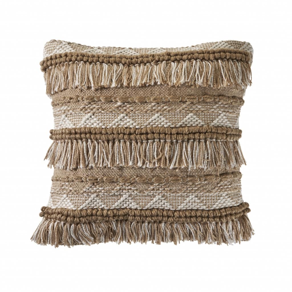 HomeRoots 20" X 20" Beige And White Polyester Geometric Zippered Pillow