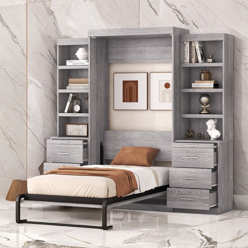 Twin Size Murphy Bed With Storage Shelves And Drawers, Gray
