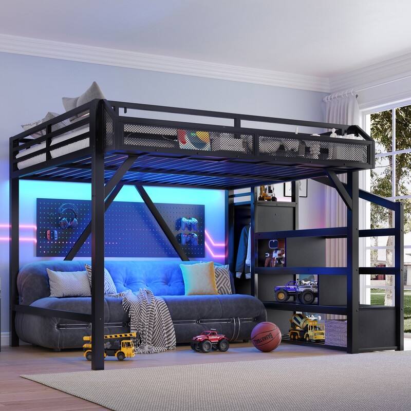 Queen Size Loft Bed with Storage Staircase & Open Wardrobe, Metal Kids Teens Bed Frame with Charging Station & LED Light