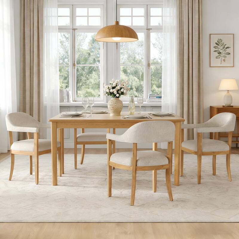 Christopher Knight Home - Mid-Century 5-Piece Set Wood Dining Table Set with 4 Upholstered Arm Chairs
