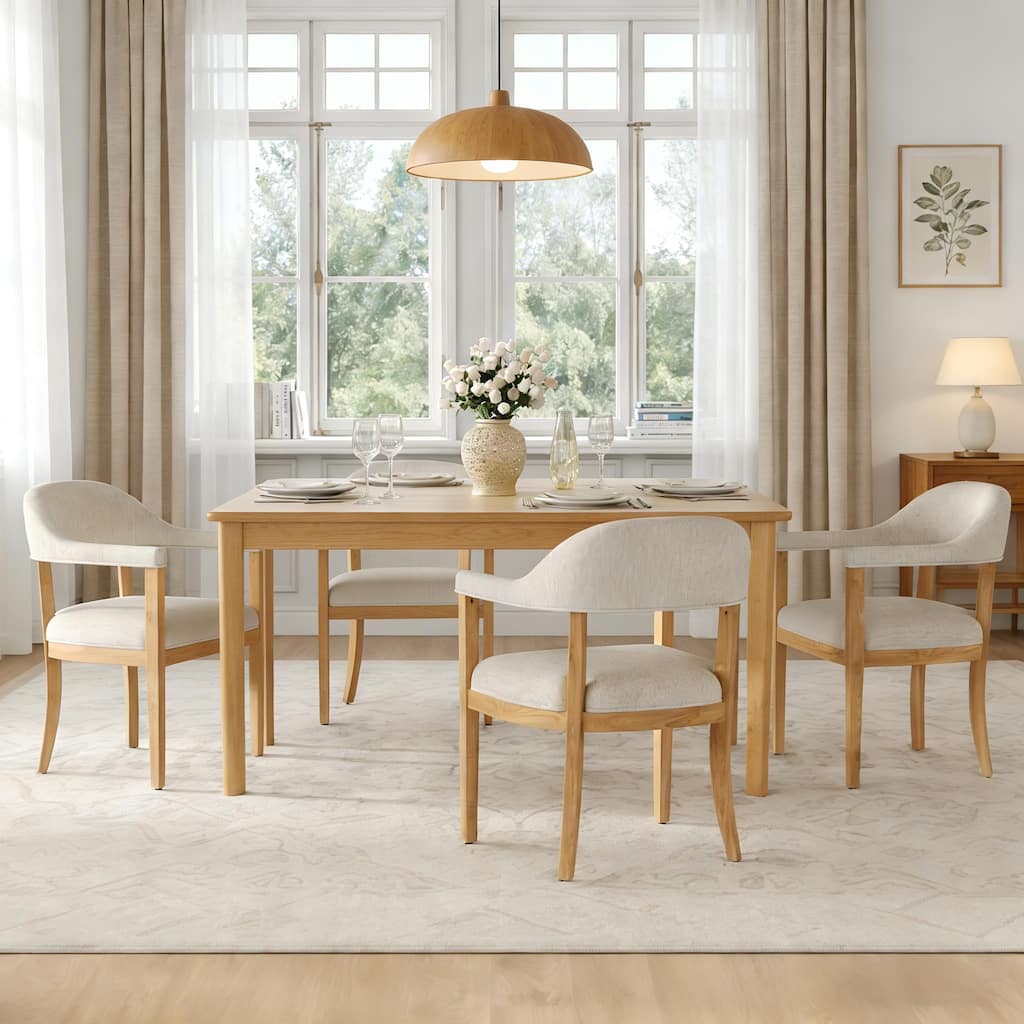 Christopher Knight Home - Mid-Century 5-Piece Set Wood Dining Table Set with 4 Upholstered Arm Chairs