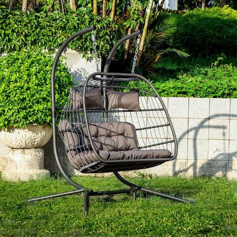 Luxury 2 Person X-Large Double Swing Chair Wicker Hanging Egg Chair, Black