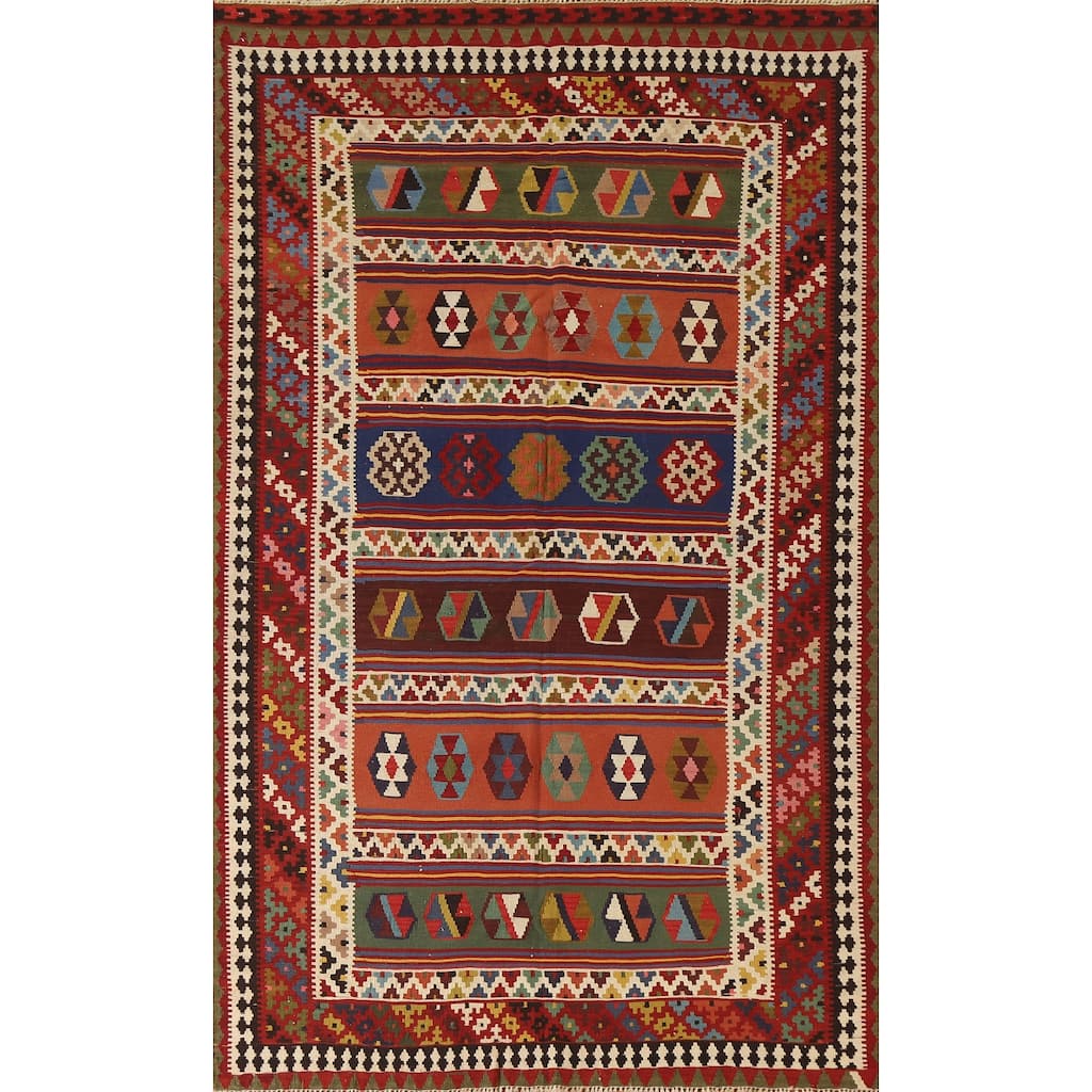 Kilim Qashqai Persian Vintage Rug Bedroom Hand-Woven Wool Carpet - 5'1"x 8'6"