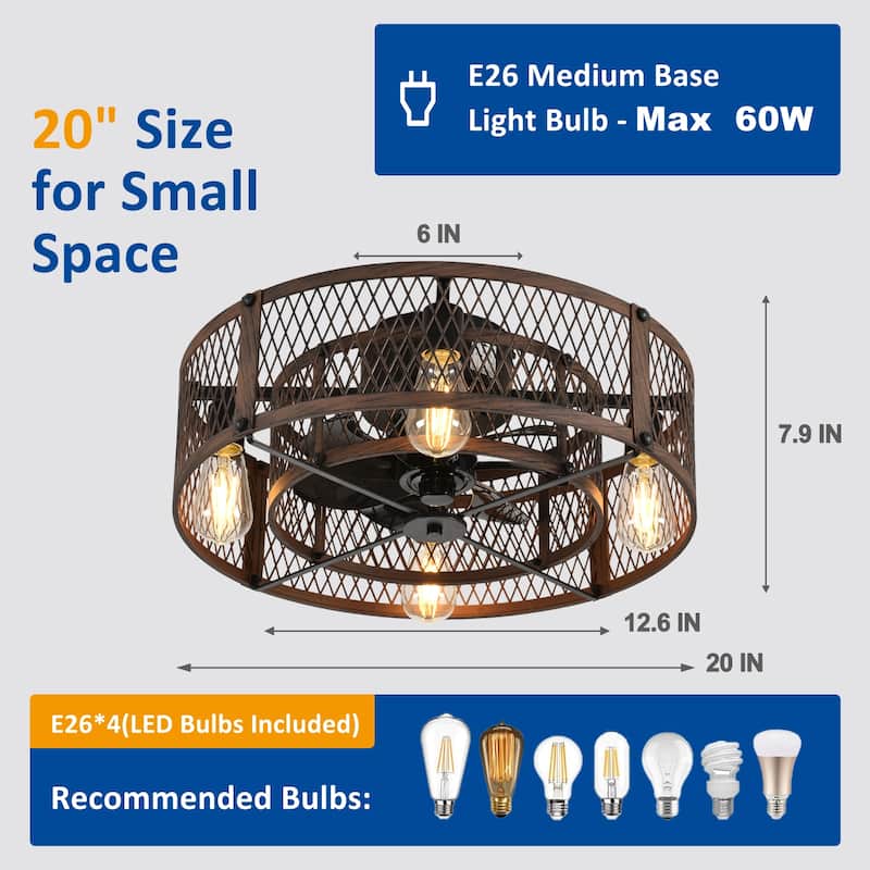 20-26Inch Caged Ceiling Fan with Light and Remote: APP Control Quiet DC Motor (E26 Bulbs Included)