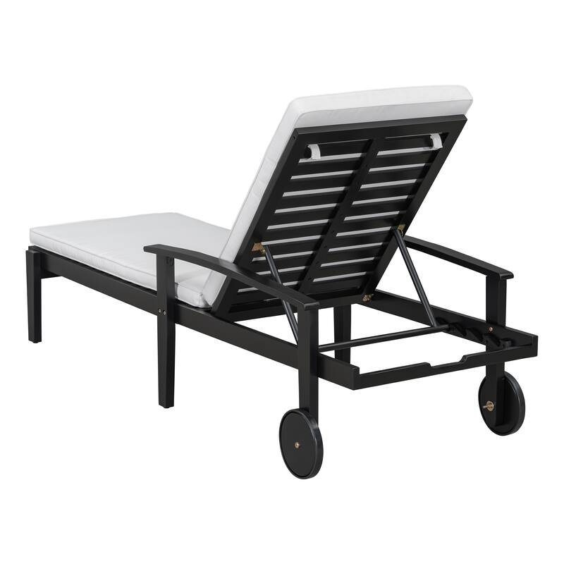 Outdoor Wood Chaise Lounge with Wheels and Adjustable Backrest, Cushion for Poolside Patio Garden