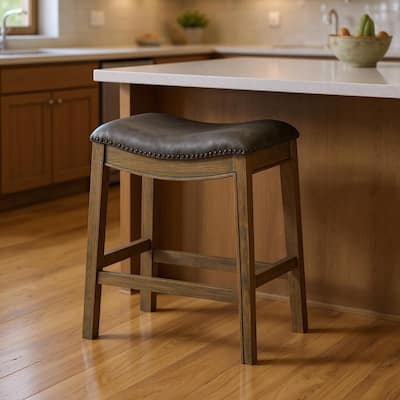 HomeRoots 26" Stone and Oak Faux Leather and Solid Wood Backless Counter Height Bar Chair