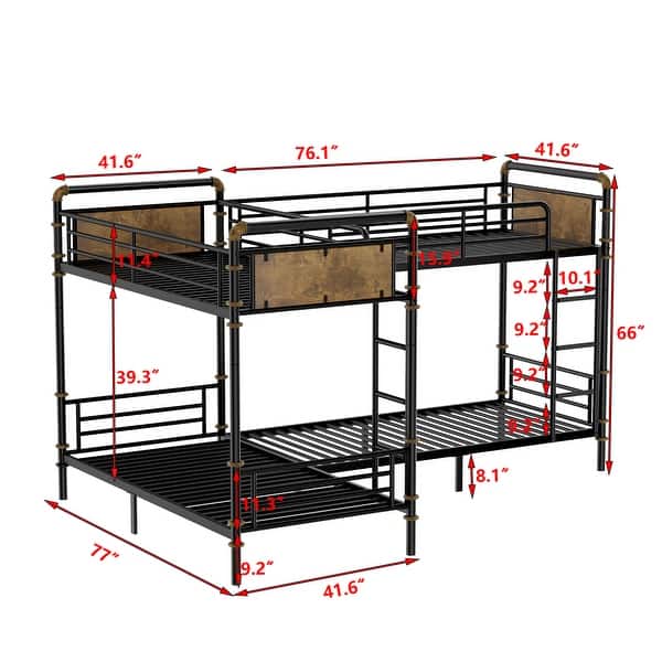 Heavy-Duty Metal Quad Bunk Bed with Detachable Triple Twin Beds, Non-Slip Ladder, Safety Guardrails & Rustic Wood Accents