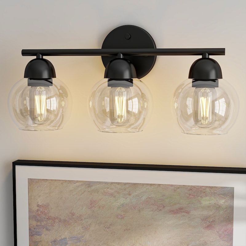 3-Light Bathroom Round Glass Light Fixtures - Matte Black