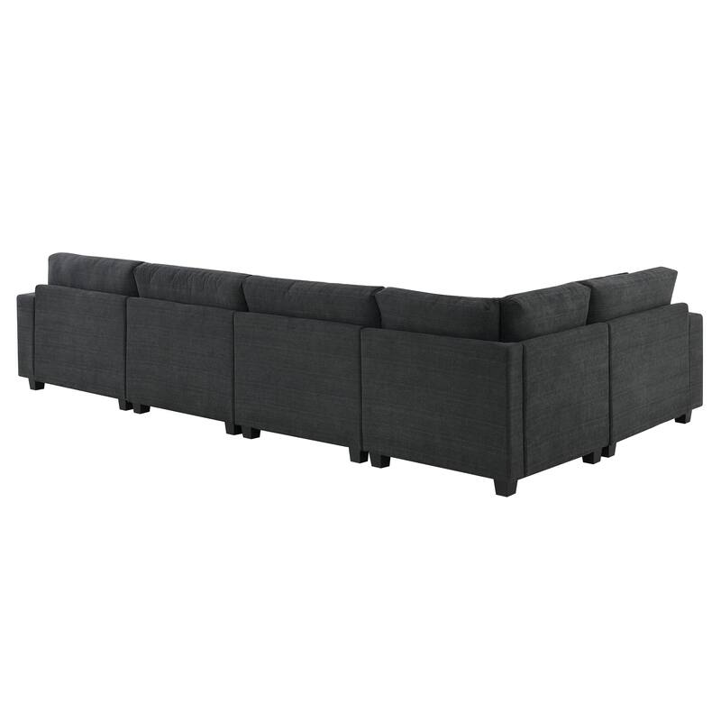 U Shaped Sectional Sofa with Ottoman, Chenille 6 Seater Sofa with Hidden Armrest Storage, Cup Holders & USB Charging Ports