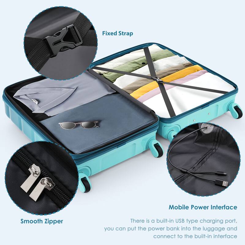 Luggage Set of 3, 20-inch with USB Port, Airline Certified Carry-on Luggage , ABS+PC Hard Shell Luggage with Spinner Wheels - Blue