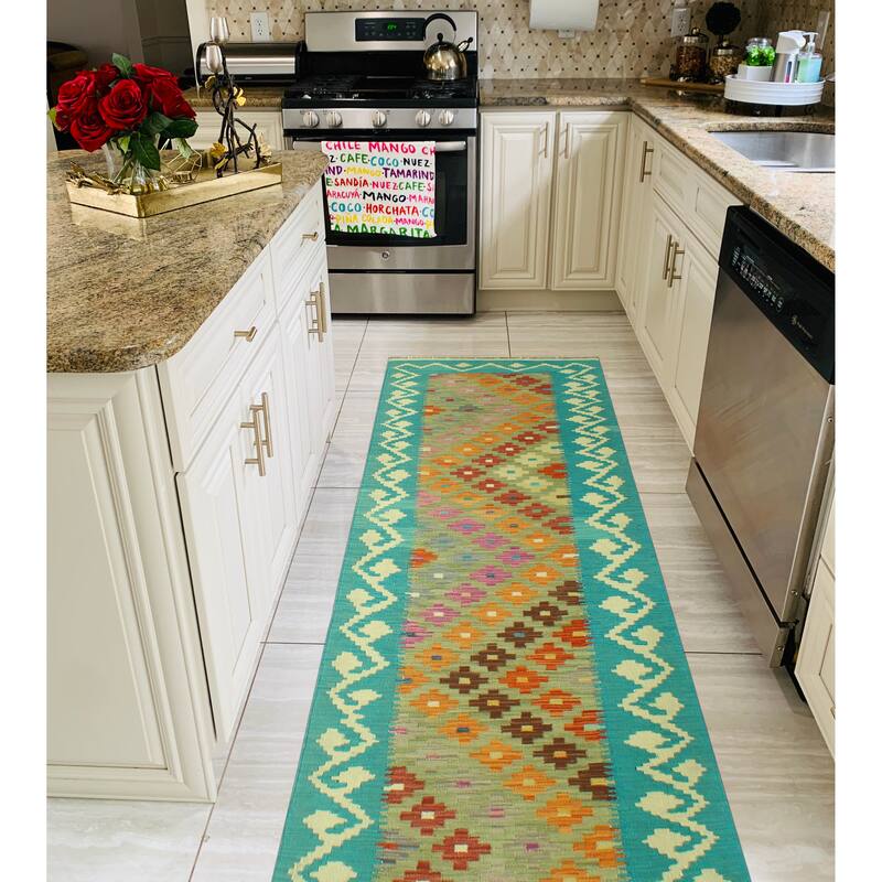 Sangat Flatweave Tassa Ivory/Turquoise Runner - 2'8" x 9'5"