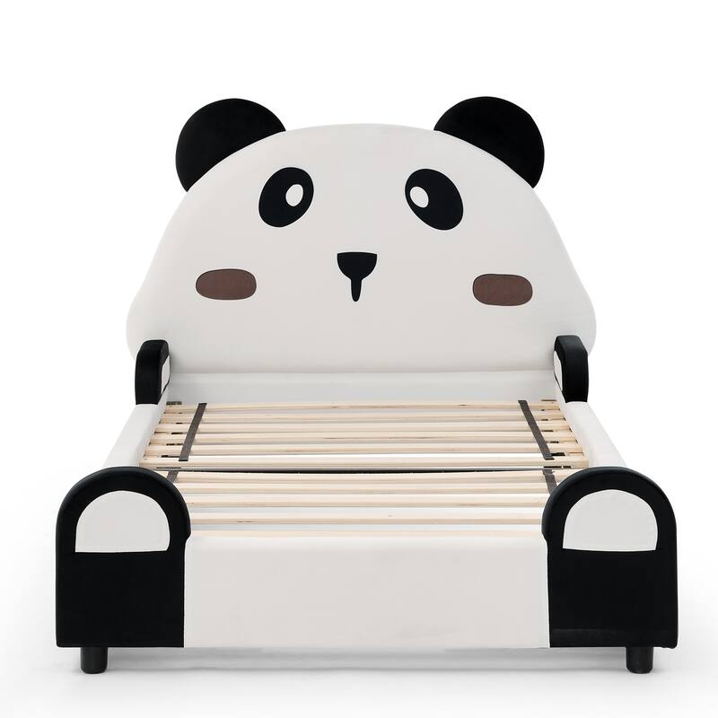 Twin Panda-Shaped Kids Bed with Soft Padded Safety Edges - Solid Wood Toddler Bed Frame in Velvet Fabric