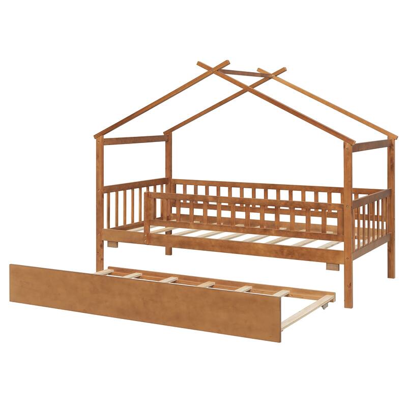 Twin Size Wooden House Bed with Twin Size Trundle