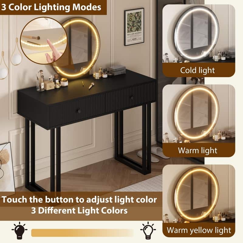 49.2" Vanity Desk with Mirror and Lights, Modern Makeup Table with 2 Drawers