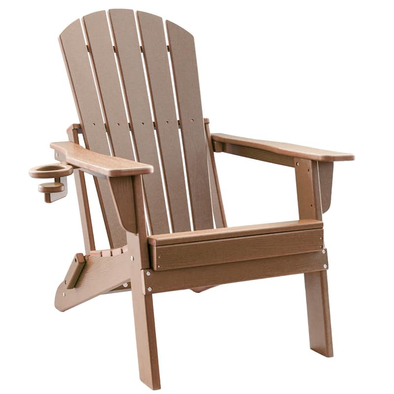 HDPE Folding Adirondack Chair with Cup Holder,Weather-Resistant, Low Maintenance,Supports up to 400lbs - Teak-1 Pack